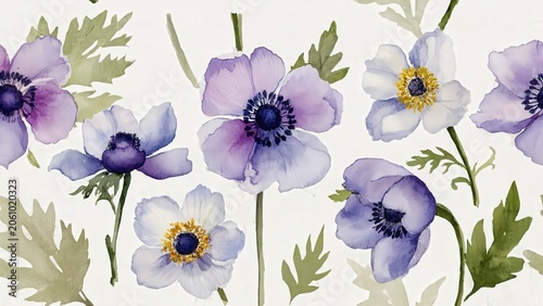 Watercolor Anemone Flowers with Green Foliage – Botanical Illustration for Spring Design and Creative Projects