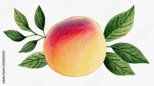 Watercolor Peach with Green Leaves Branch Illustration - Fresh Fruit Still Life for Summer Design Elements and Healthy Food Themes
