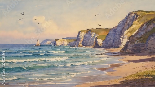 Dramatic coastal cliffs meeting turquoise ocean waves under a bright sky with soaring seagulls and sandy beach landscape painting.