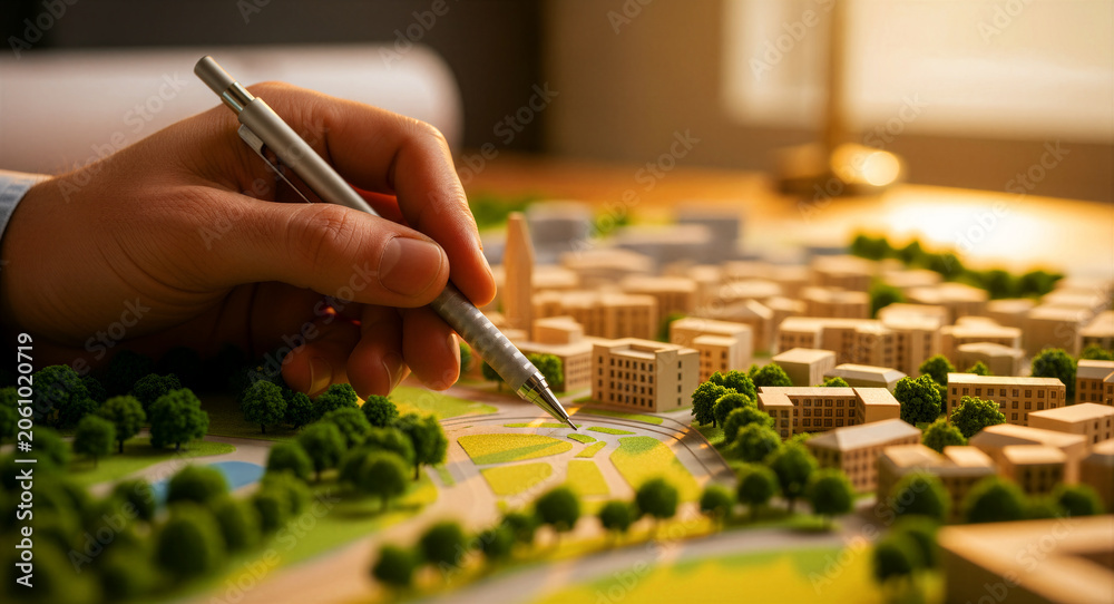 Fototapeta premium Architect hand pointing with pencil at a miniature city model. Professional designer working on a building development project. Urban planning concept for real estate and engineering marketing.