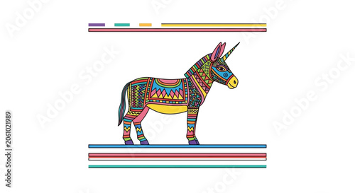 Colorful Donkey Unicorn Hybrid with Mexican Folk Art Patterns