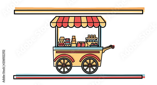 Colorful Food Cart with Delicious Treats and Canopy, Street Food Vendor Stall