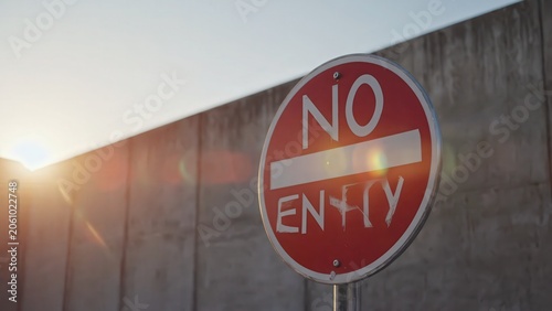 Red No Entry Sign Against Concrete Wall with Sunlight Flare – Restriction Symbol for Access Denial and Limited Area.