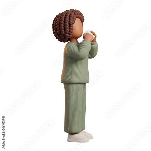 3D Claymorphism Faceless Woman Standing Side Profile Drinking From Mug First Sip Morning Wellness White Background