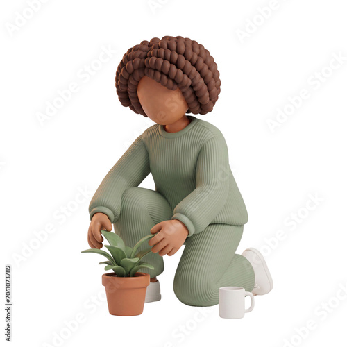 3D Claymorphism Faceless Woman Crouching Tending Potted Plant Home Wellness Mindful Living White Background