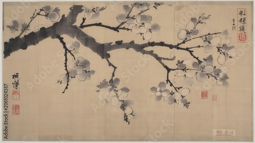 Elegant Japanese Plum Blossom Branch Painting - Traditional Ink Wash Art with Calligraphy and Floral Motif for Asian Decor