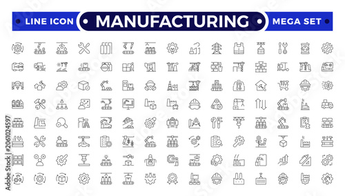 Принти на полотні Manufacturing Outline Icon Set with Blueprint, Engineer, Machinery, Industrial Tools, Engineering, Construction, Civil, Mechanical, and Electrical Engineering Symbols for Technology Design Use