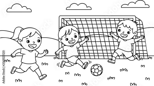 Kids playing soccer drawing cute children playing football vector coloring page