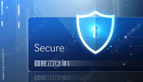 Digital graphic with shield icon on blue background, “Secure Login” button below, circuit patterns symbolizing cybersecurity, encrypted access, and safe digital protection in modern systems.