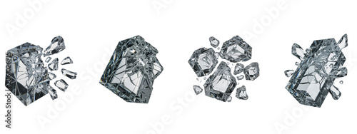 Four fragmented crystal cubes shattering on a plain black background