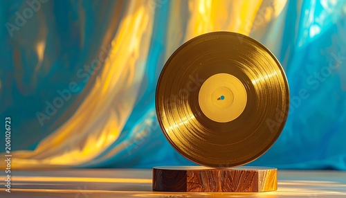 Golden vinyl record on wooden base with swirling blue and gold light reflections, symbolizing music award, artistic recognition, and the brilliance of musical excellence.