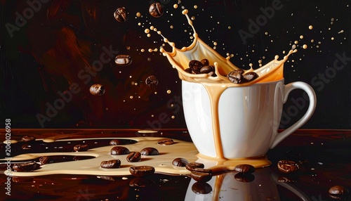 White ceramic cup tipped over spilling coffee beans and liquid in dynamic splash against dark background, rich brown tones and glossy textures symbolizing energy, motion, and sensory appeal.