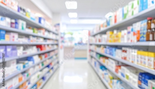 Brightly lit pharmacy aisle with shelves stocked with boxes, bottles, and health products, clean organized retail environment symbolizing healthcare access, consumer choice, and professional care.