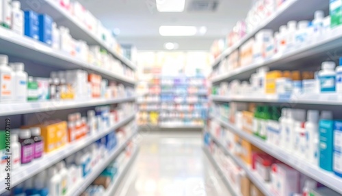 Brightly lit pharmacy aisle with shelves stocked with boxes, bottles, and health products, clean organized retail environment symbolizing healthcare access, consumer choice, and professional care.