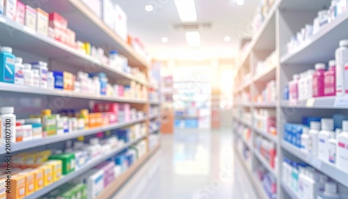 Brightly lit pharmacy aisle with shelves stocked with boxes, bottles, and health products, clean organized retail environment symbolizing healthcare access, consumer choice, and professional care.