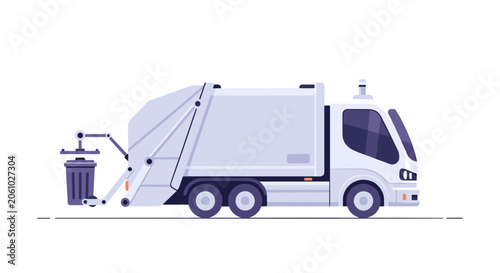 Modern automated ai waste management collection vehicle illustration featuring an intelligent robotic arm lifting a garbage bin in a sleek flat minimal vector style design