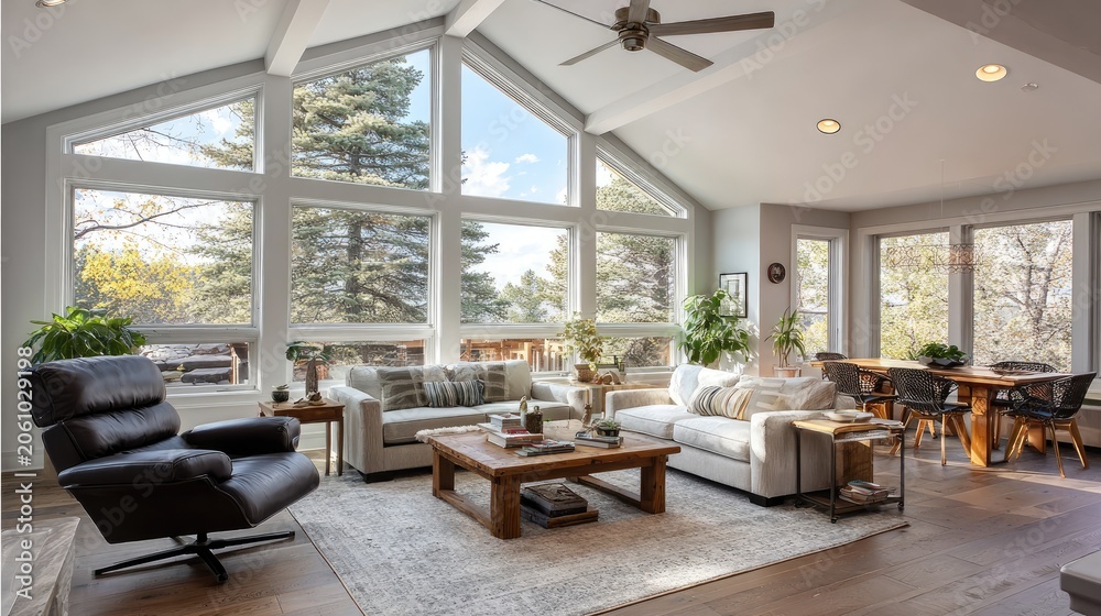 Naklejka premium Spacious, airy living room with large windows, natural light, and forest views