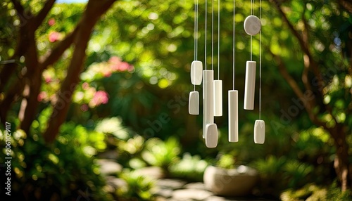 Serene white wind chimes gently sway in a sun-dappled garden, a peaceful moment