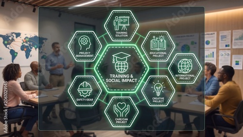Training and Social Impact Concept with Hexagonal Icons for Educational Project Management and International Development