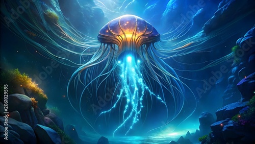 Bioluminescent jellyfish gracefully drifts through a mystical underwater abyss