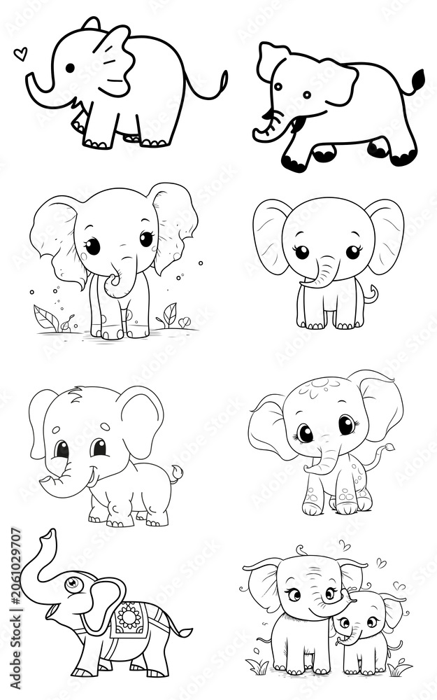 Obraz premium Cute Baby Elephant Coloring Page Set for Kids Activity Book Line Art Vector