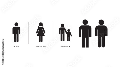 Graphic collection of bathroom and public facility sign icons with simple human figures for men women and family navigation on transparent background file.