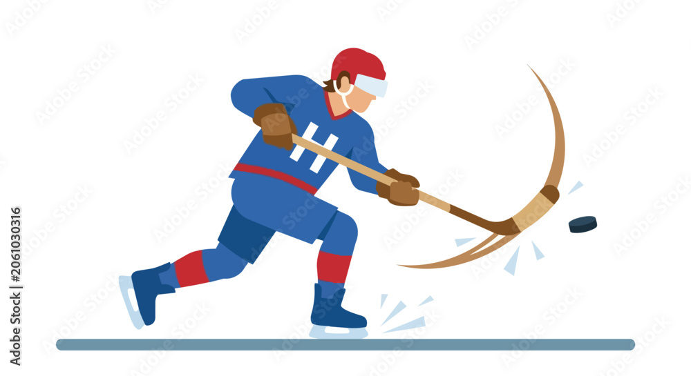 Obraz premium Professional Ice Hockey Player Athlete Skating on Ice Rink Hitting Puck with Stick Flat Vector Illustration