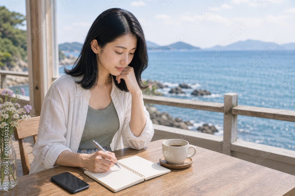 Fototapeta premium 海の見えるカフェでノートを書く女性