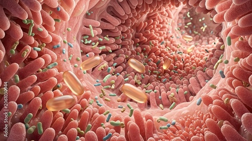 Close-up illustration of the human intestine lining with villi and intestinal flora, including bacteria and probiotic capsules