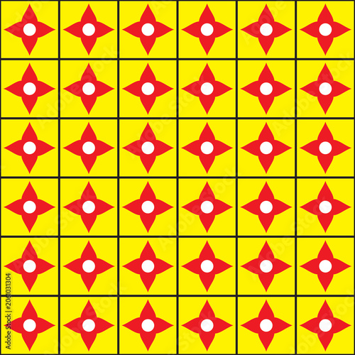Vibrant repeating pattern of red four-pointed stars with white dots on a bright yellow square grid
