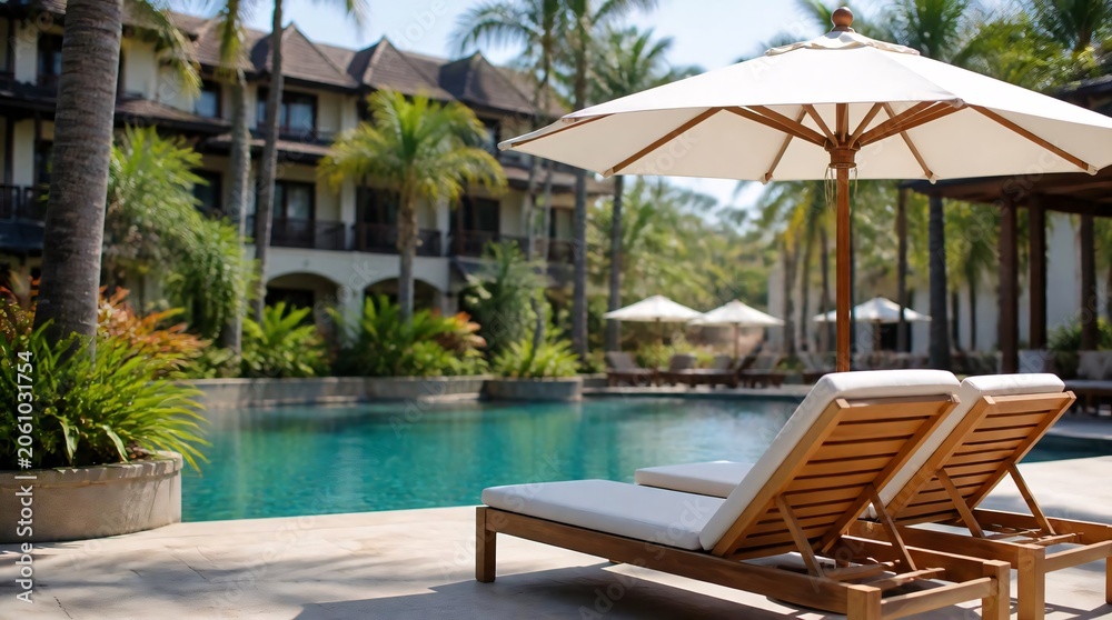 Fototapeta premium Wooden lounge chairs and umbrellas in tropical resort pool