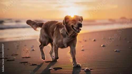 Happy golden retriever dog running on sandy beach during beautiful sunset with ocean waves