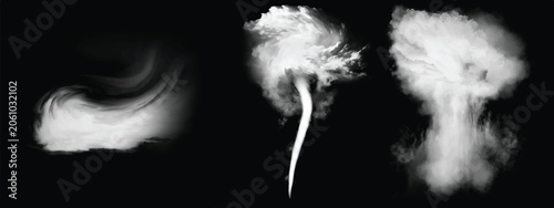 Flowing smoke. Set of tornado isolated on black background	