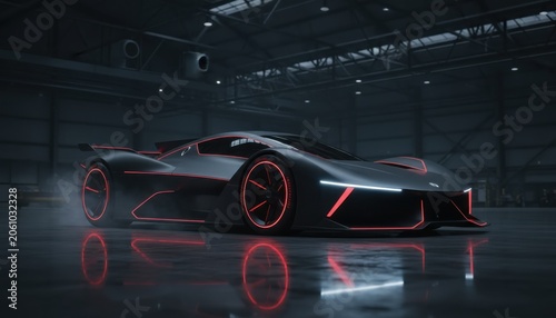 Futuristic race car design showcases sleek matte black with striking red neon accents at a modern garage