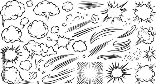 Collection of hand drawn comic book speed lines explosion clouds and speech bubble graphic design elements isolated on white background.