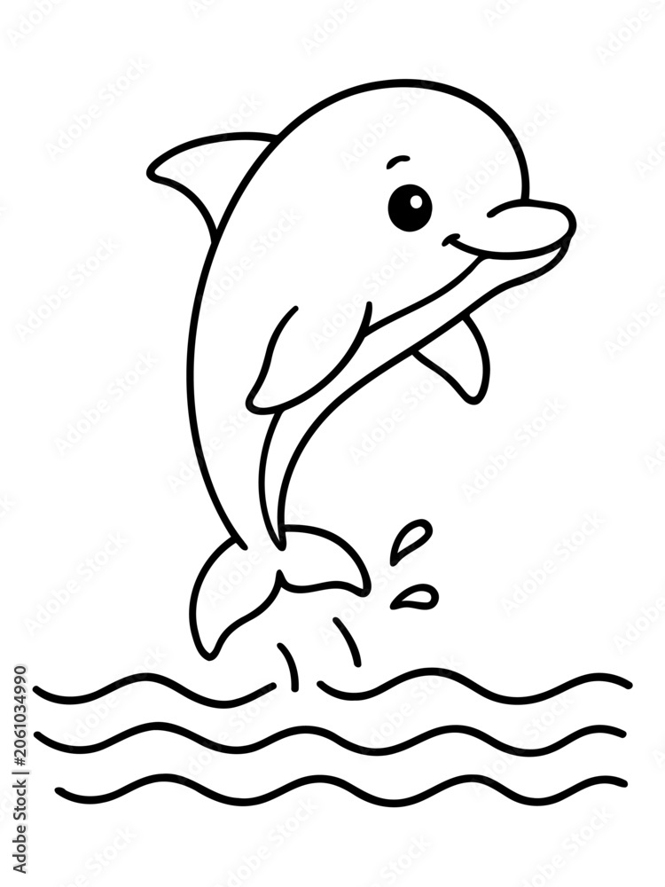 Obraz premium Dolphin Jumping in Waves: A simple and charming line drawing of a happy dolphin leaping out of wavy water, perfect for children's activities or creative projects.