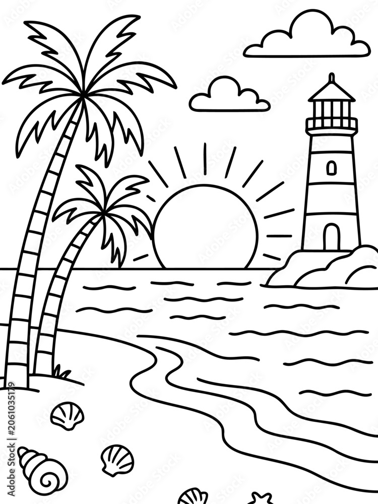 Obraz premium Coastal Sunset Coloring Page: A serene line drawing depicts a tropical beach scene with palm trees, a lighthouse, and a radiant sun setting over the ocean, perfect for creative coloring.
