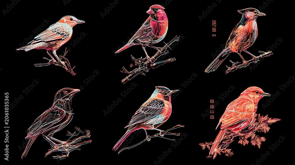 Obraz premium Vibrant tropical birds perched on branches with colorful plumage and white beaks