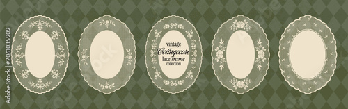 Whimsy oval lace frame collection. Vintage cottagecore floral doily labels. Embroidery handkerchief. Elegant scalloped crochet borders with botanical silhouettes for birthday or wedding invitations.