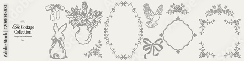 Vintage cross stitch cottage collection with floral frames. Rustic embroidery clipart with rabbits, birds, bows and botanical ornaments for crafts and decor. Whimsical pixel wedding elements.