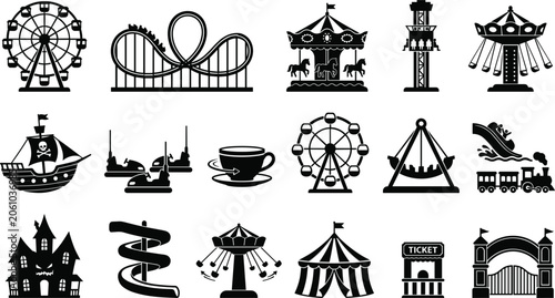 Konstfotografi Amusement park silhouette icons vector set, carnival fairground rides with rolle