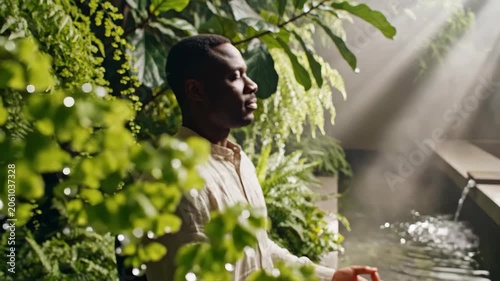 Rack focus from meditating dark-skinned man to dripping fern leaves under misty volumetric sunbeams