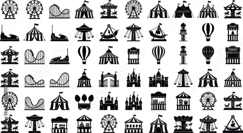 Canvastavla Amusement park and carnival vector silhouette icon set, fairground rides with ro