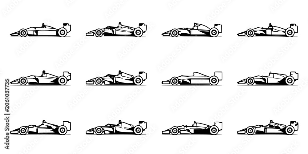 Naklejka premium Race Cars in Various Designs and Styles Depicted in a Clean, Minimalist Line Art Format. Featuring Black and White, Automotive, Speed with Racing