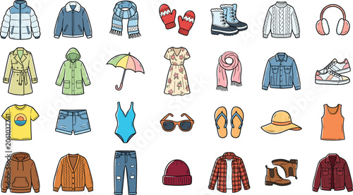 Картината върху платно Seasonal fashion clothing vector icon set, winter outerwear and summer apparel g