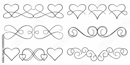 Konstfotografi Collection of nine heart shaped line art dividers on a white background decorati