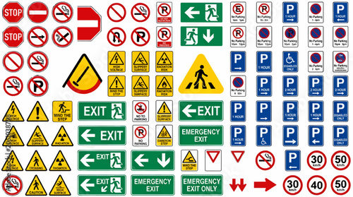 Obraz na płótnie Collection of Safety and Directional Signs: Stop, Parking, Exit, Warning, and Sp