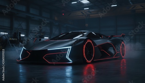 Futuristic race car design showcases sleek matte black with striking red neon accents at a modern garage