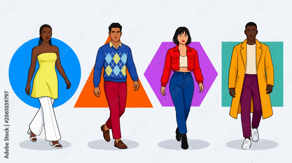 Fototapeta premium Diverse Fashion Models Presenting Collection on Geometric Backgrounds, Flat Vector Illustration Style, Four People Walking
