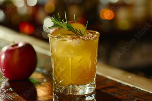 Apple cider cocktail is garnished with a sprig of rosemary and a thin slice of apple with a sugared rim, sitting on a bar